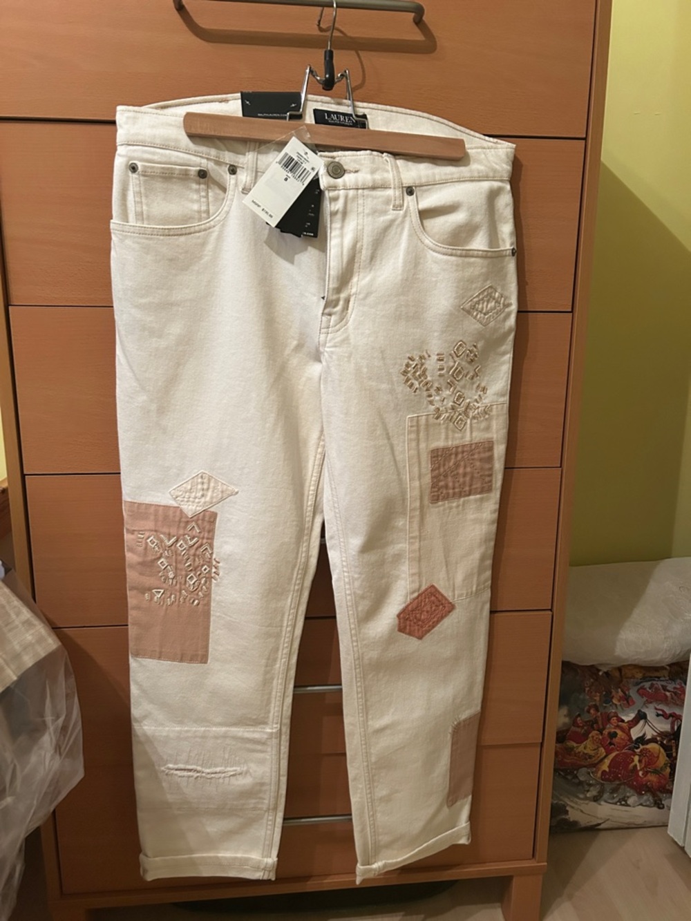 Ralph Lauren Cream Straight-Leg Jeans with Tan Patchwork